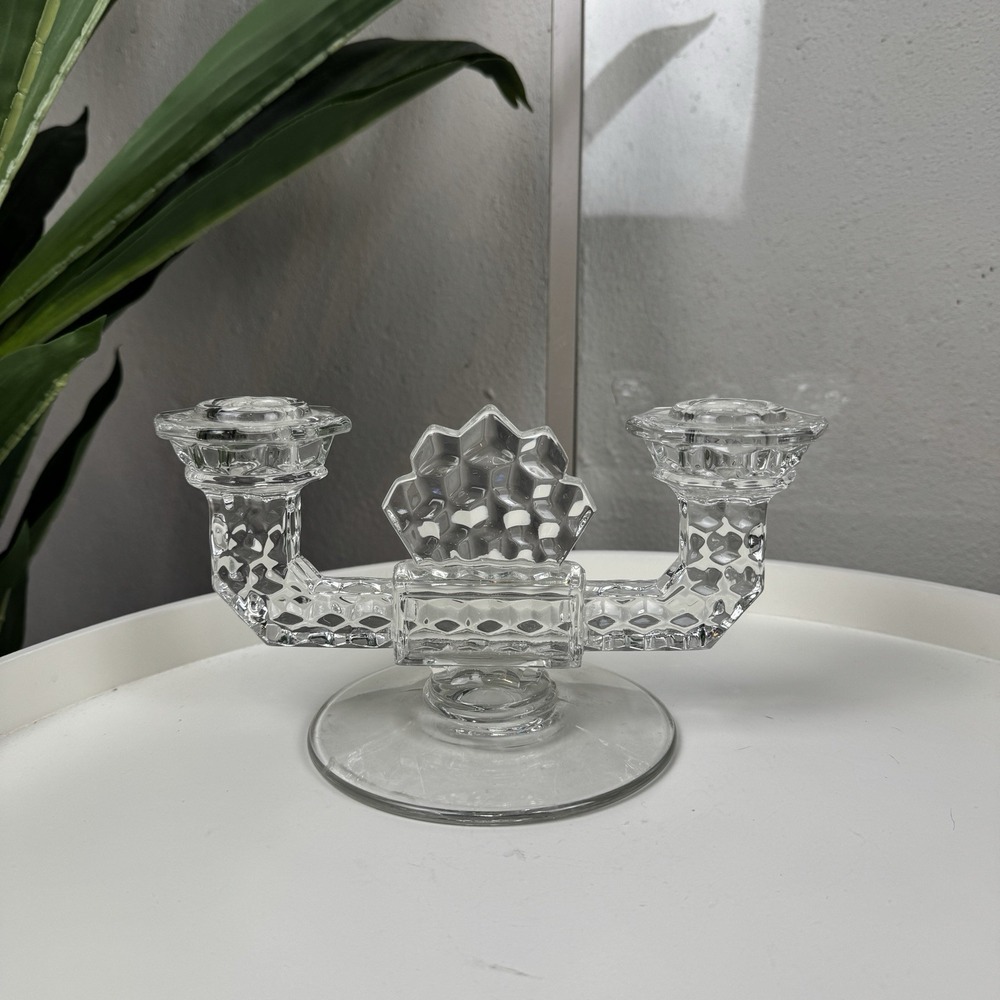 Art Deco Vintage Fostoria American Clear Glass Double Candlestick Holder 8.5"‎